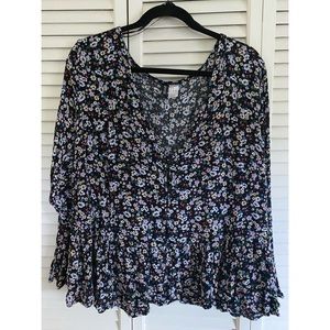 Floral button front v neck peplum top
